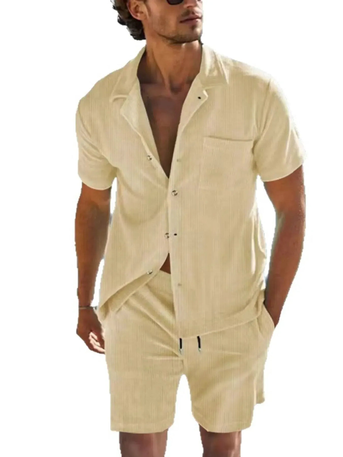 Men's Full Size Button Detail Short Sleeve Top and Shorts Set Plus Size by Trendsi