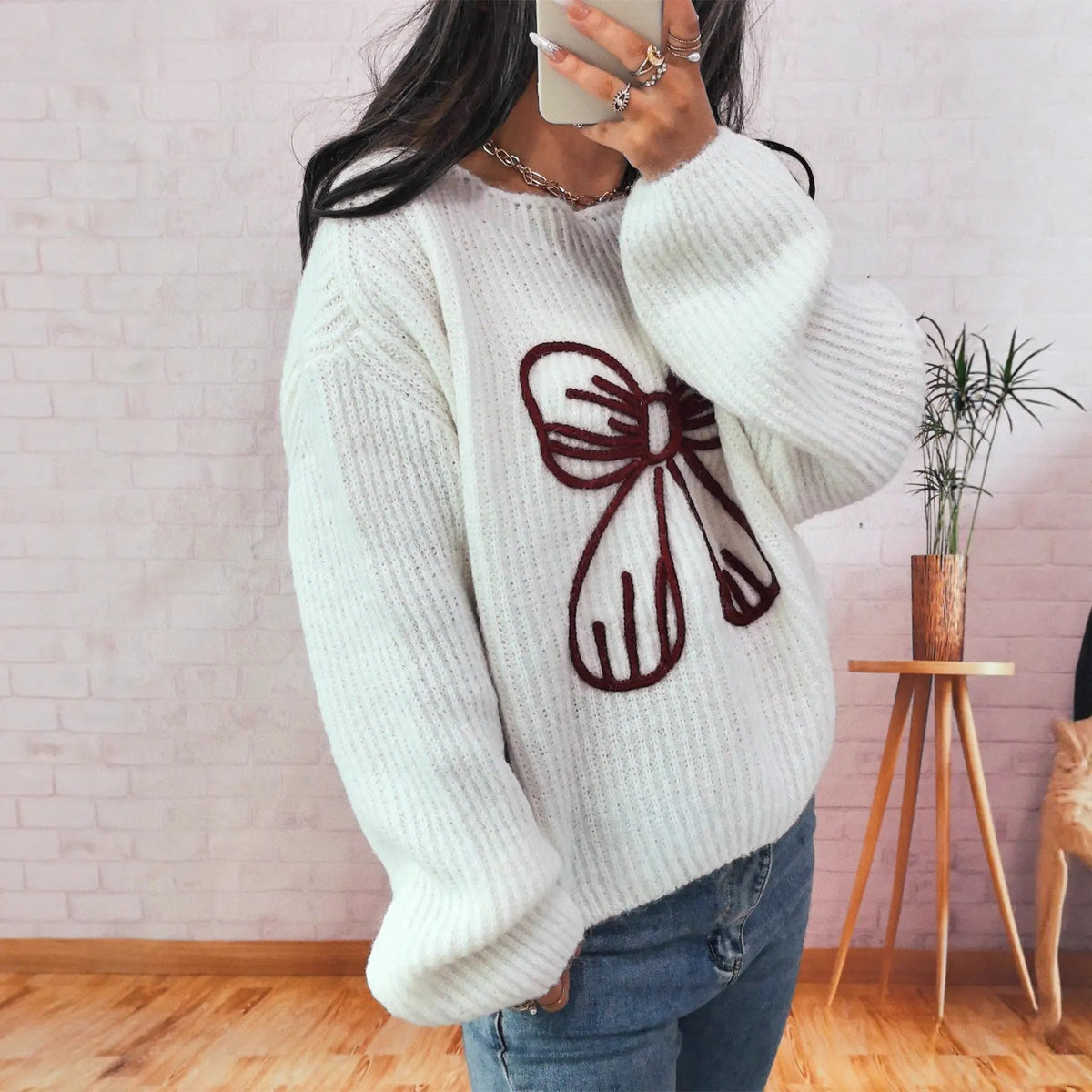 Simple Casual Bow Embroidery Decoration Knitted Long Sleeve Sweater by Maiden-Art