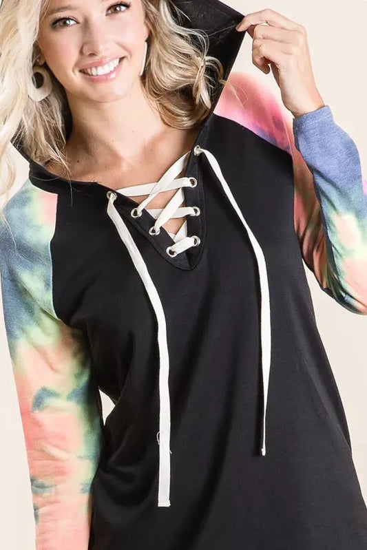 BiBi French Terry Lace Up Hoodie With Tie Dye Sleeves by BiBi
