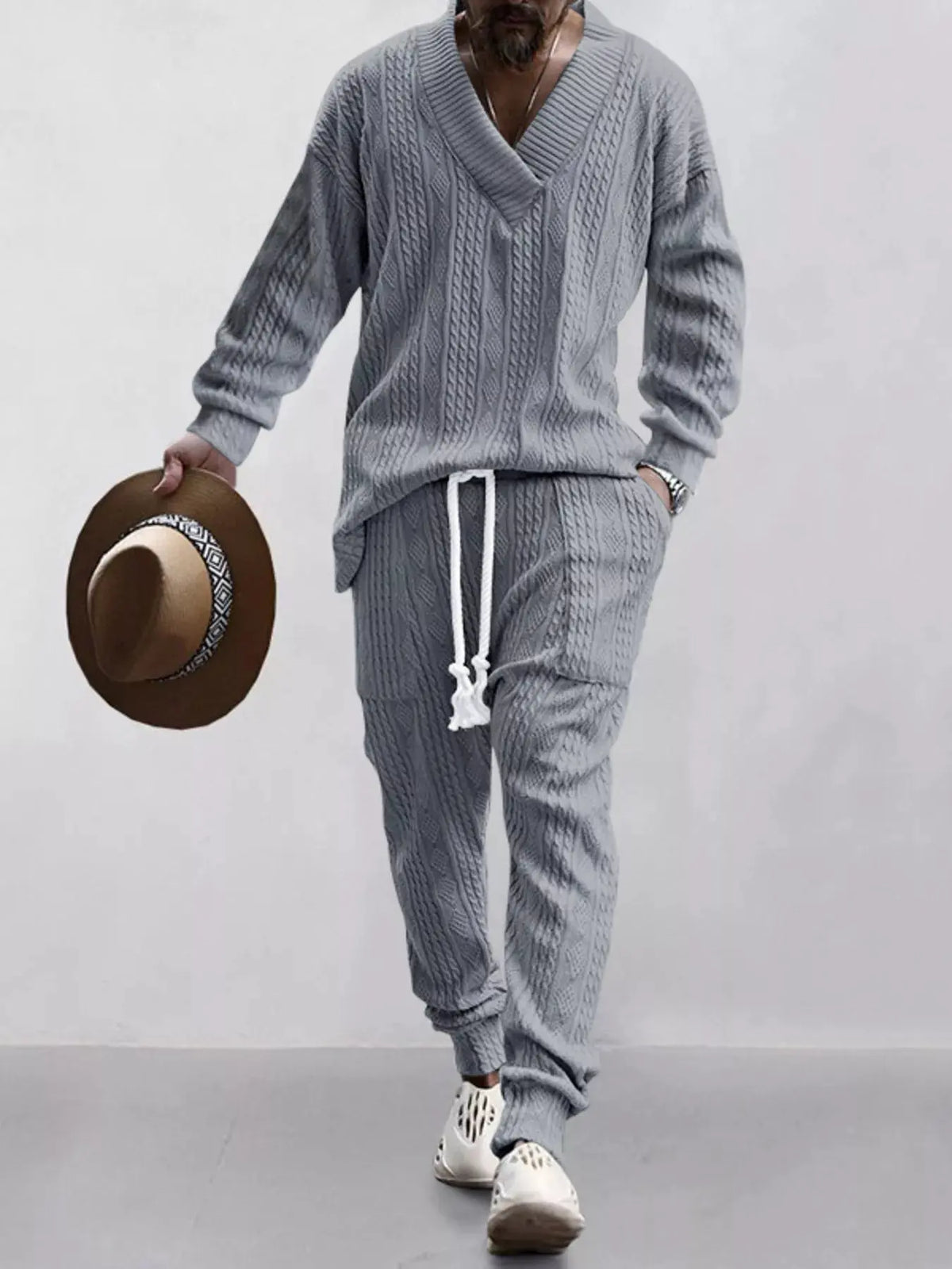 Men's Full Size Texture Knit Dropped Shoulder Top and Pants Set Plus Size by Trendsi