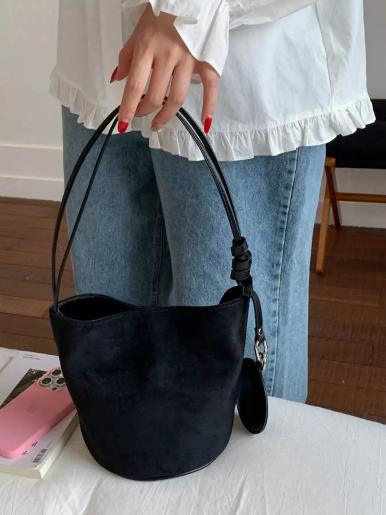 Suede Solid Color Bucket Bag by Partner Label