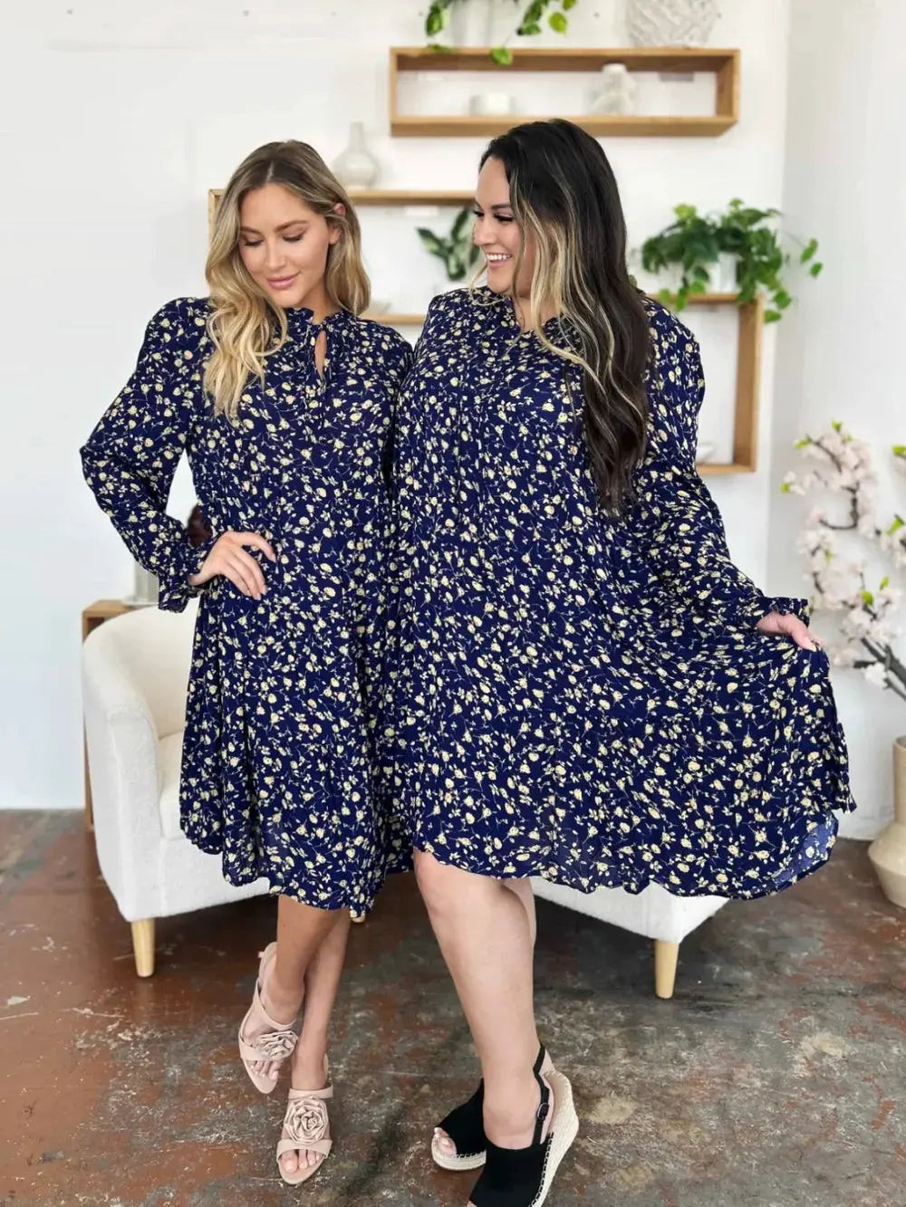 Double Take Full Size Printed Ruffle Hem Long Sleeve Tiered Dress by Double Take