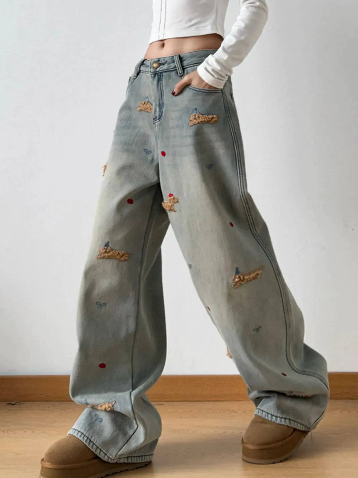 Embroidered Wide Leg Jeans by Partner Label