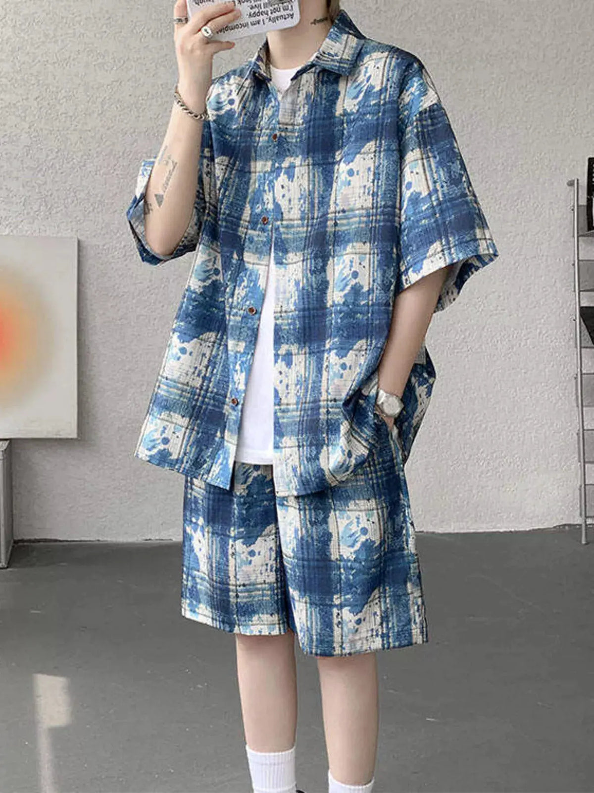 Men's Plus Size Casual Plaid Print Shirt & Shorts Set by Trendsi