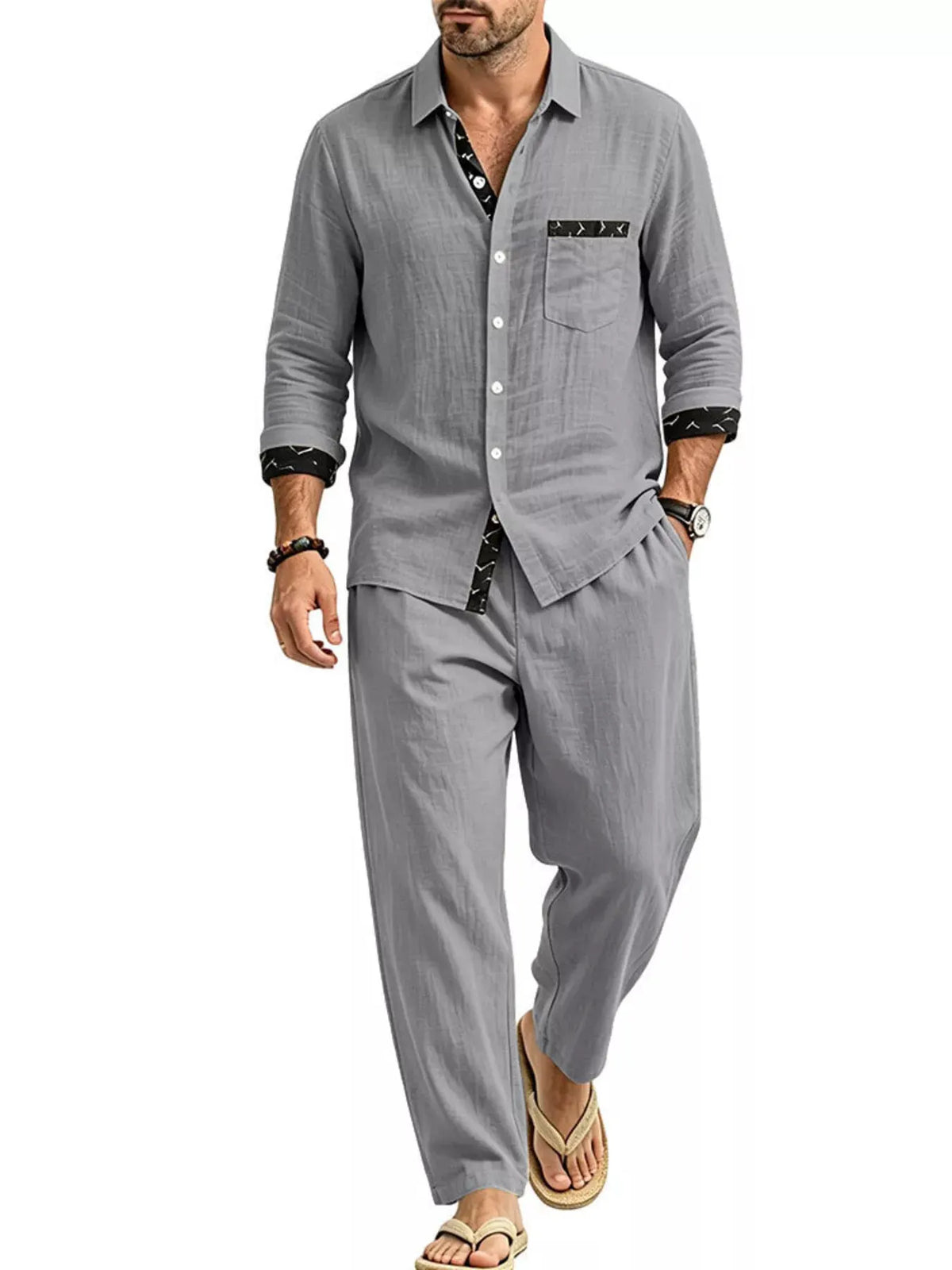 Men's Full Size Casual Button Up Shirt and Pants Two-Piece Set Plus Size by Trendsi