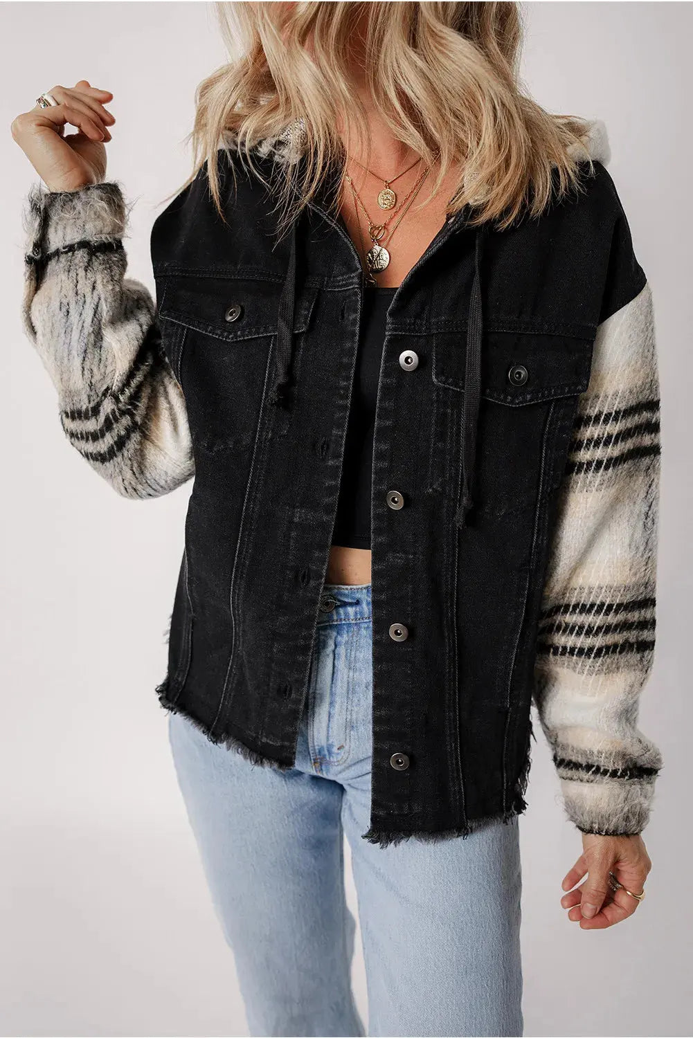 Drawstring Raw Hem Button Up Hooded Denim Jacket by Partner Label