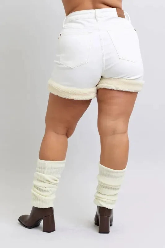 Judy Blue Full Size High Waist Shearling Cuff Denim Shorts Plus Size by Judy Blue