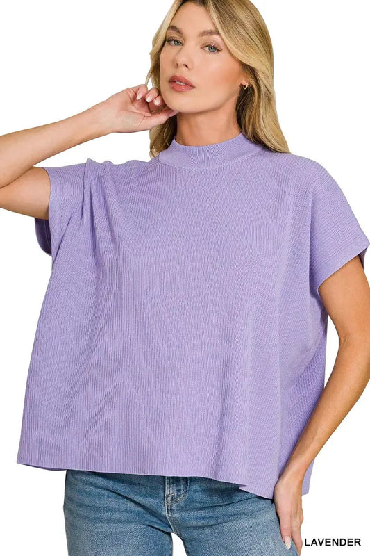 Zenana Viscose Mock Neck Short Sleeve Boxy Sweater by Zenana