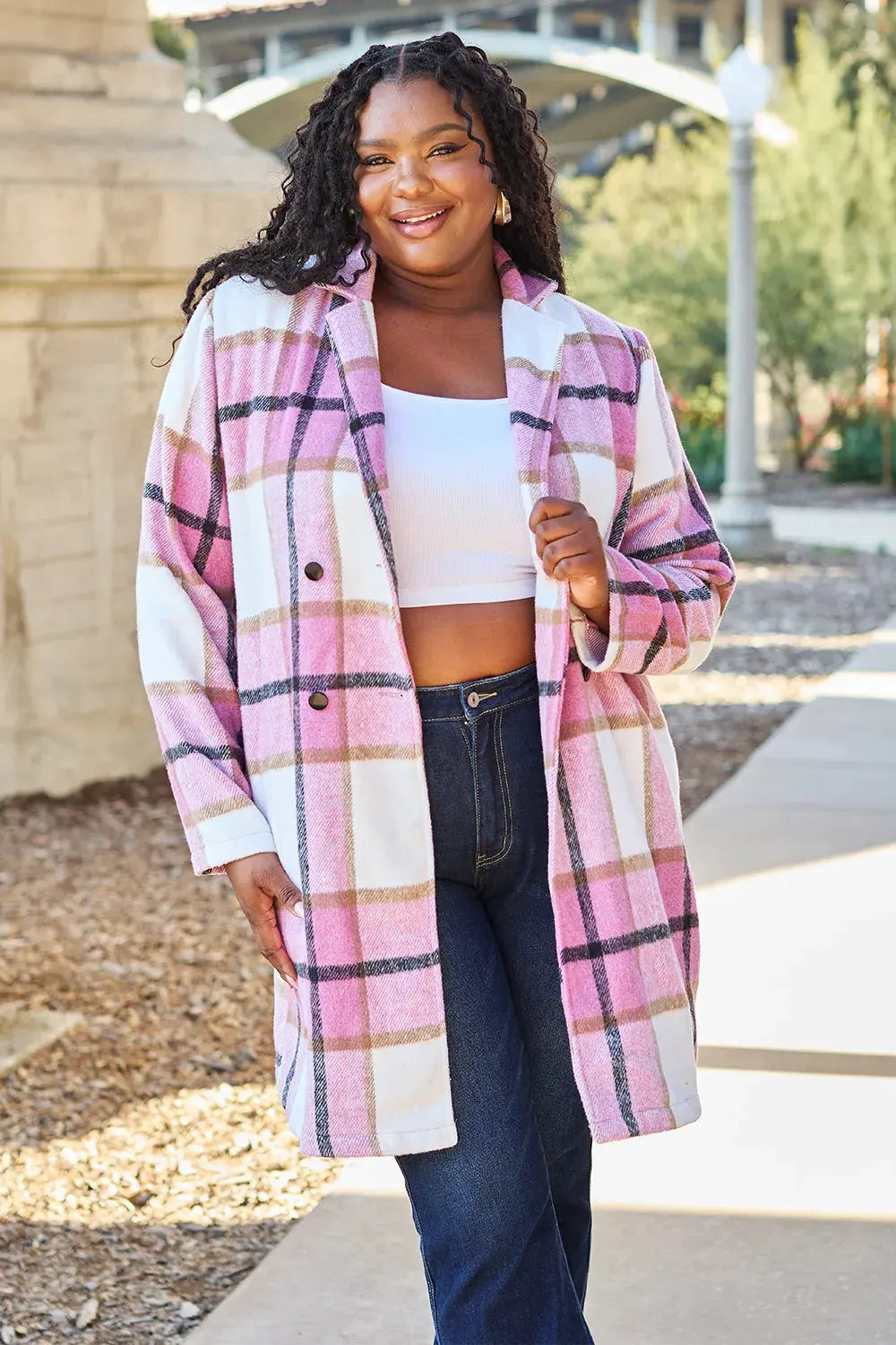 Double Take Full Size Plaid Button Up Lapel Collar Coat by Double Take