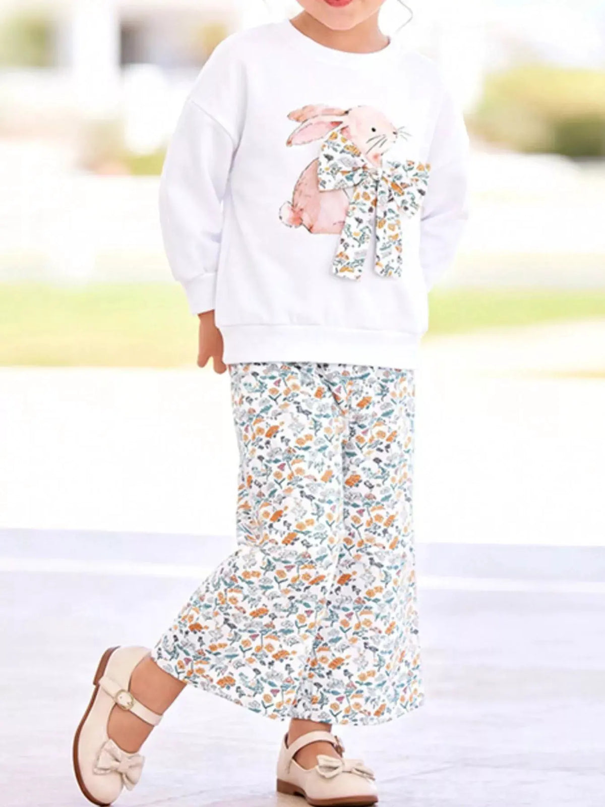 Children's Bunny Graphic Sweatshirt and Floral Wide-Leg Pant Set by Trendsi