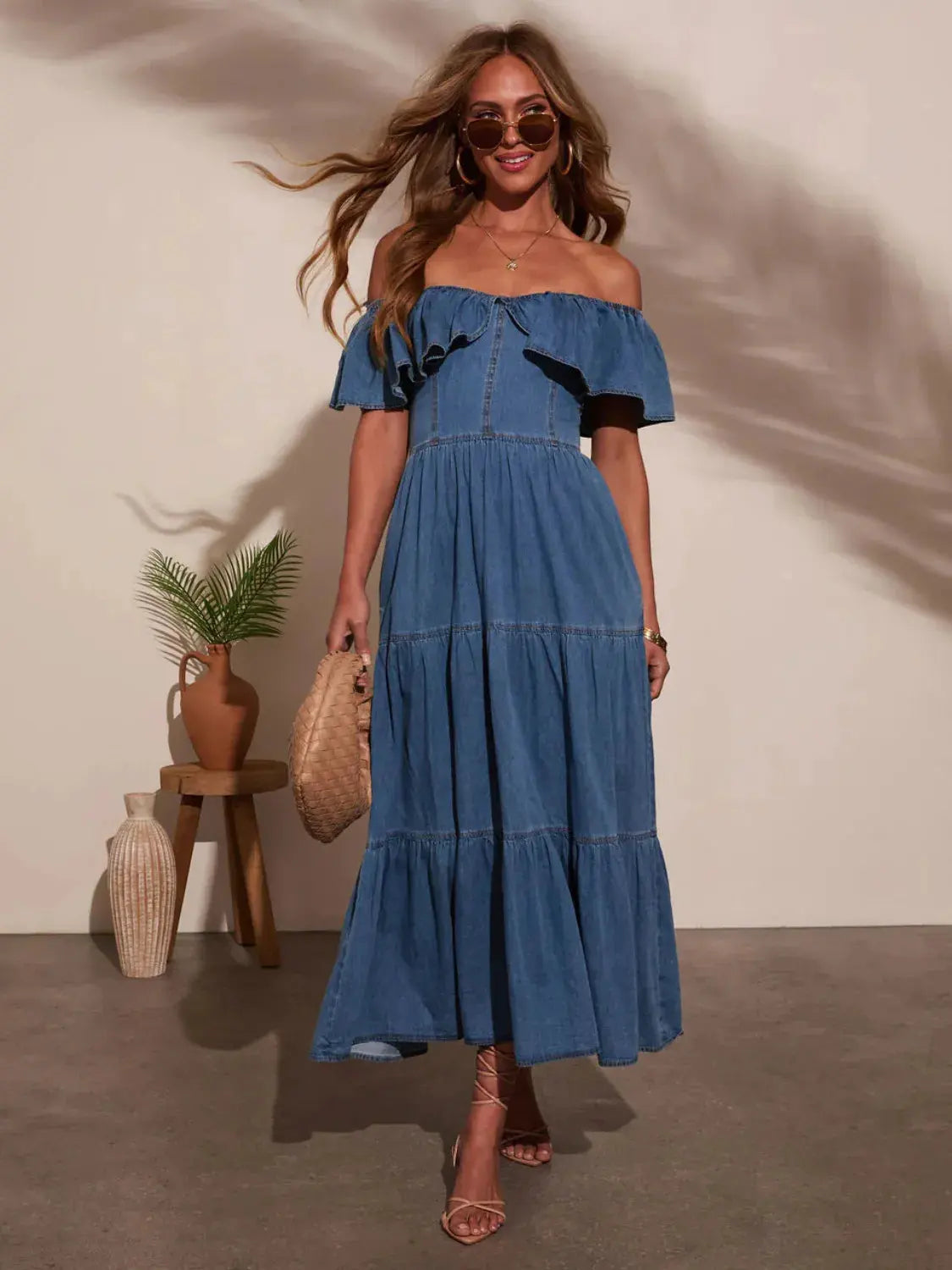 Off Shoulder Ruffle Tiered Denim Dress by Partner Label