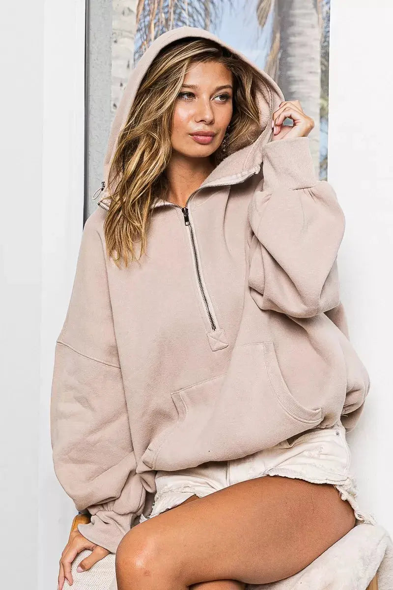 BiBi Stitch Detailed Elastic Hem Half Zip Fleece Hoodie by BiBi
