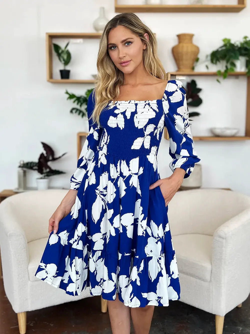 Double Take Full Size Floral Ruffle Hem Smocked Dress with Pockets by Double Take