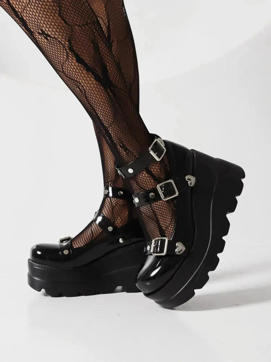 Platform Mary Jane Shoes with Triple Buckle Straps by Partner Label