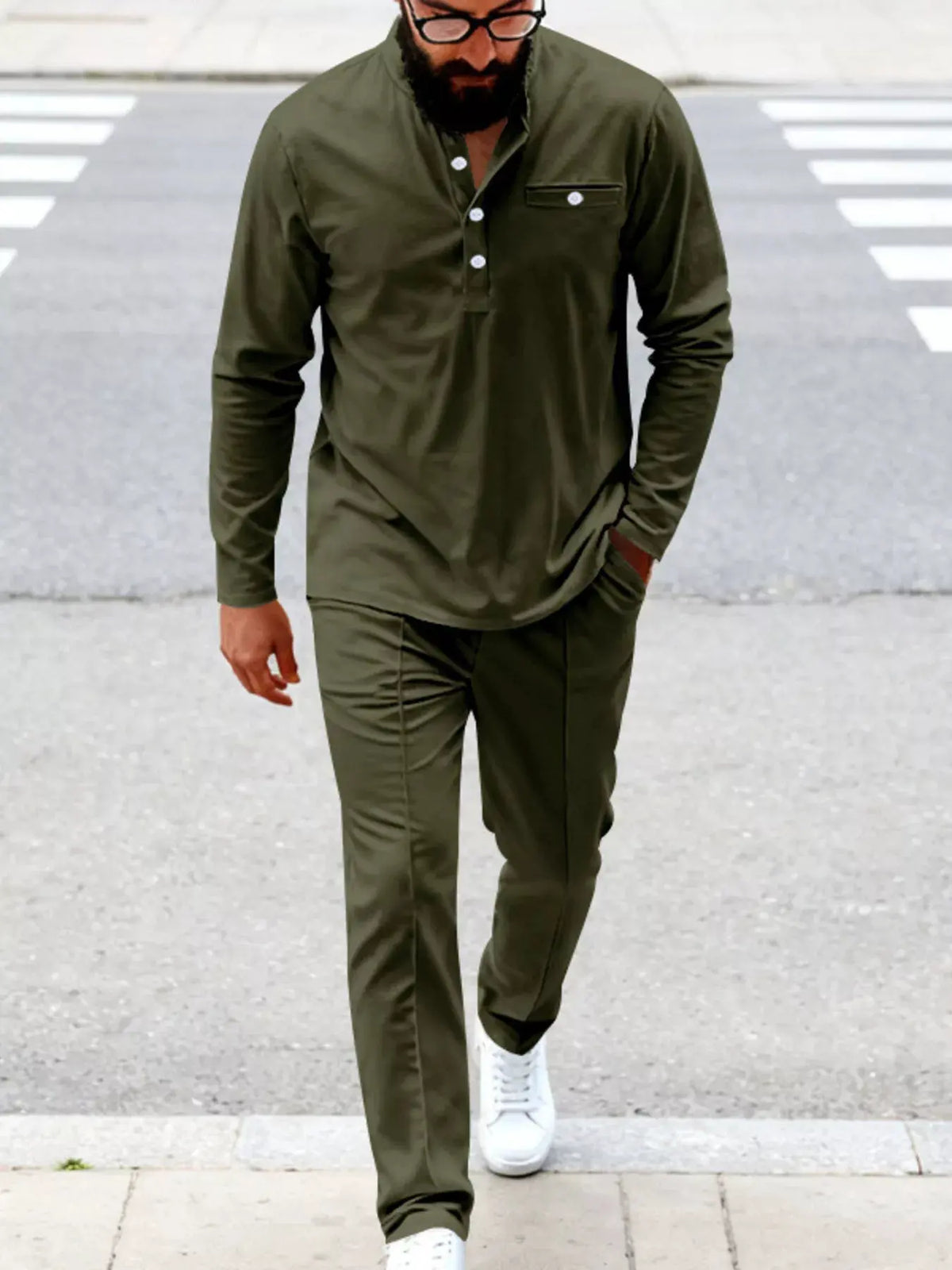 Men's Full Size Casual Long Sleeve Henley Top and Drawstring Joggers Set Plus Size by Trendsi