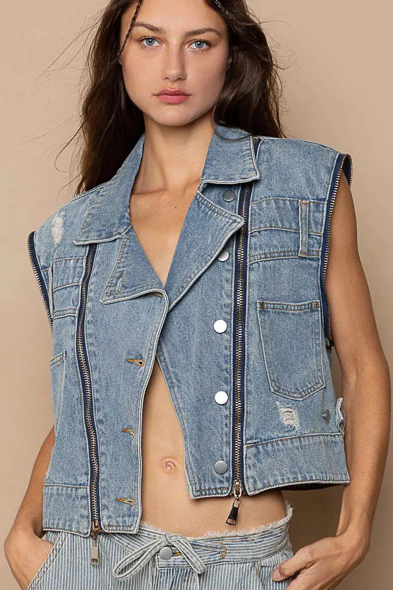 POL Cropped Denim Jacket with Functional Zipper Detail by POL