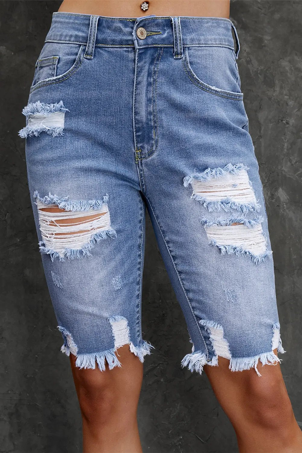 Distressed Frayed Hem Denim Bermuda Shorts by Partner Label
