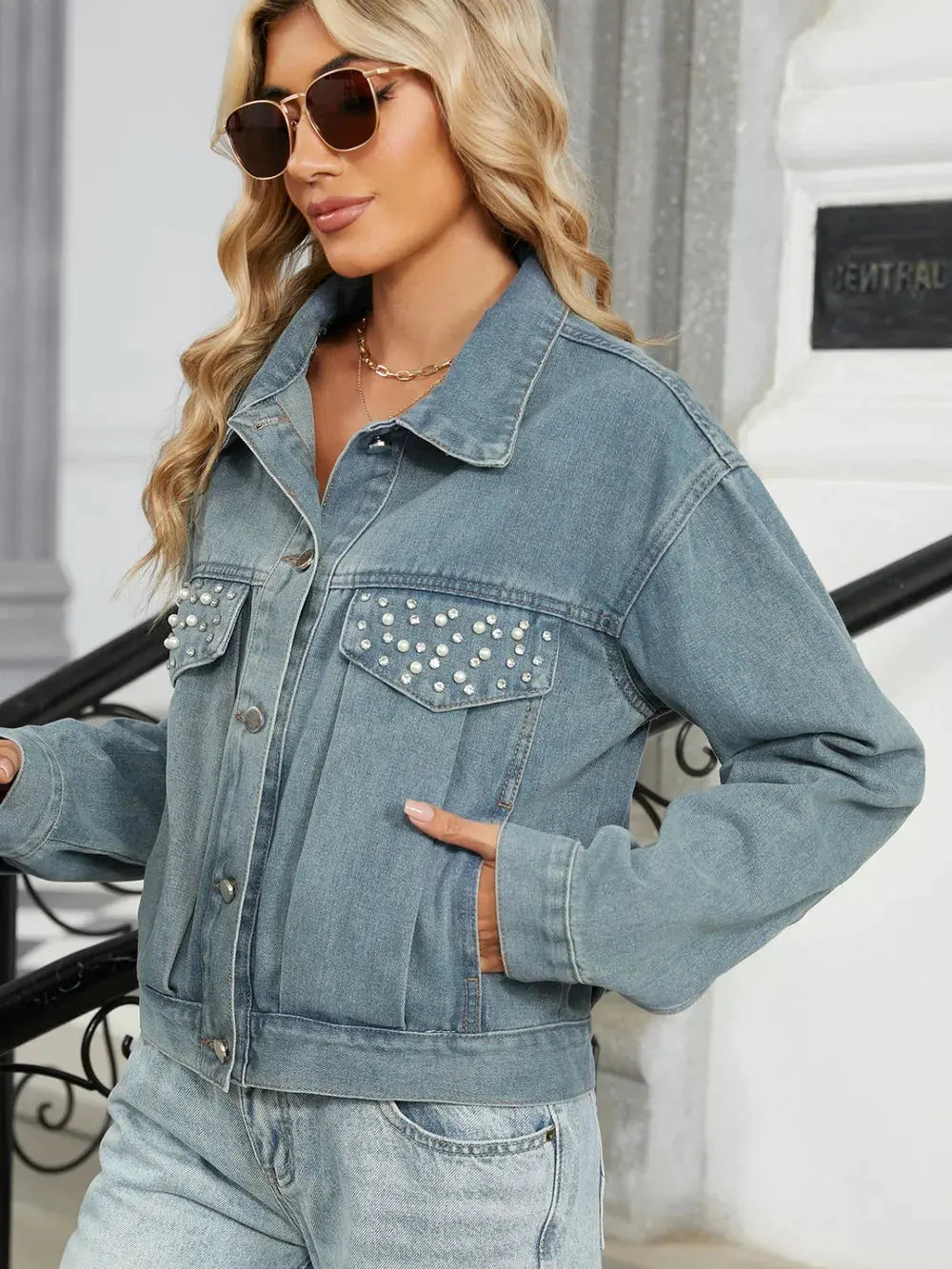 Rhinestone & Peal Trim Button Down Long Sleeve Denim Jacket by Partner Label