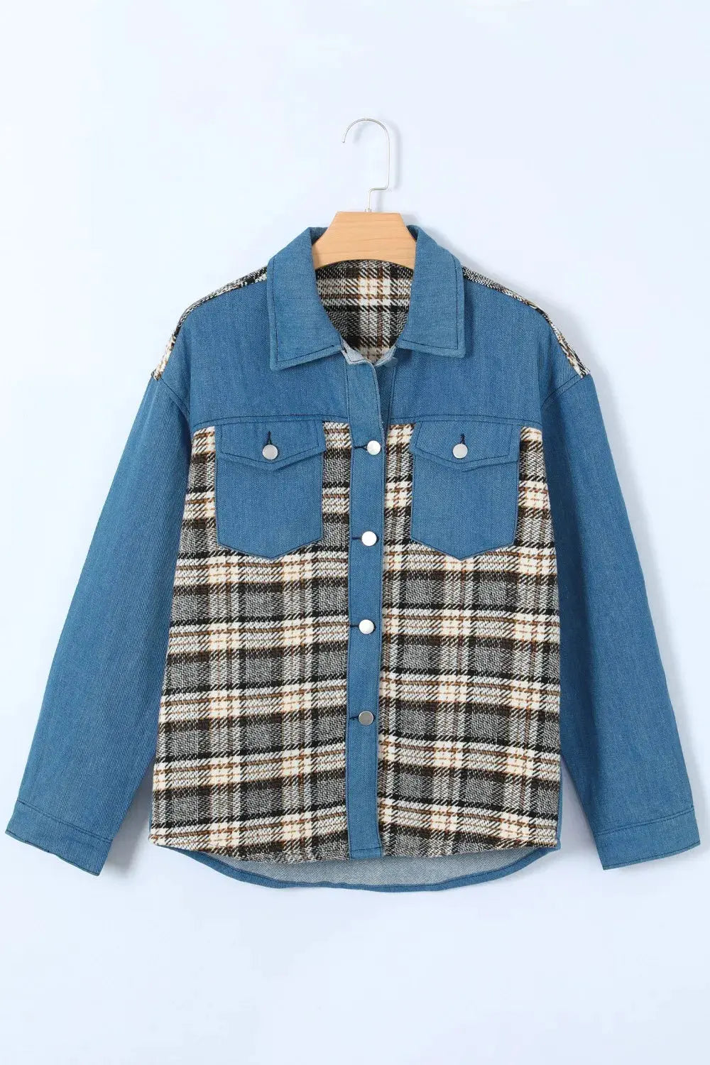 Plaid Pocketed Button Up Denim Jacket by Partner Label