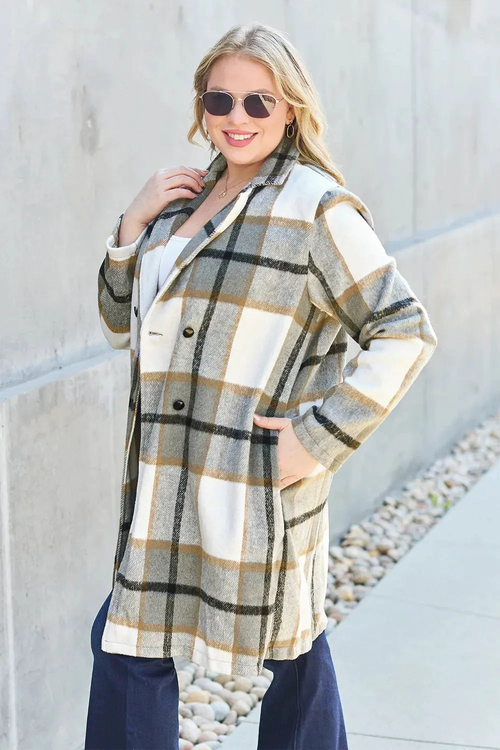 Double Take Full Size Plaid Button Up Lapel Collar Coat by Double Take