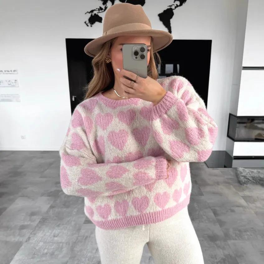 Heart Jacquard Color Contrast Short Knitted Valentine's Day Sweater by Maiden-Art