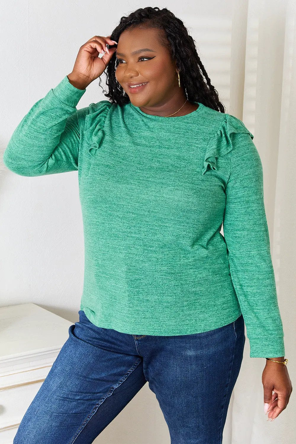 Double Take Ruffle Shoulder Long Sleeve T-Shirt by Double Take