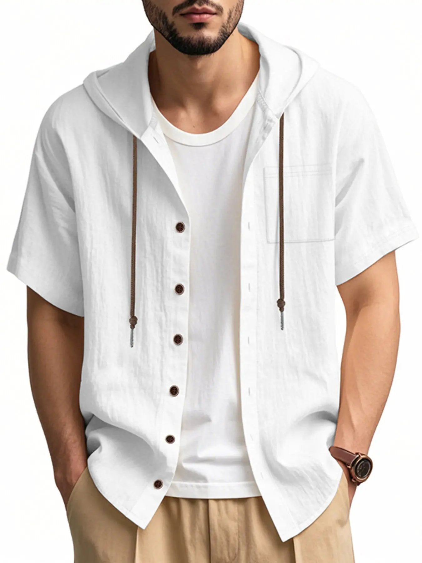 Men's Full Size Casual Hooded Short-Sleeve Shirt Plus Size by Trendsi