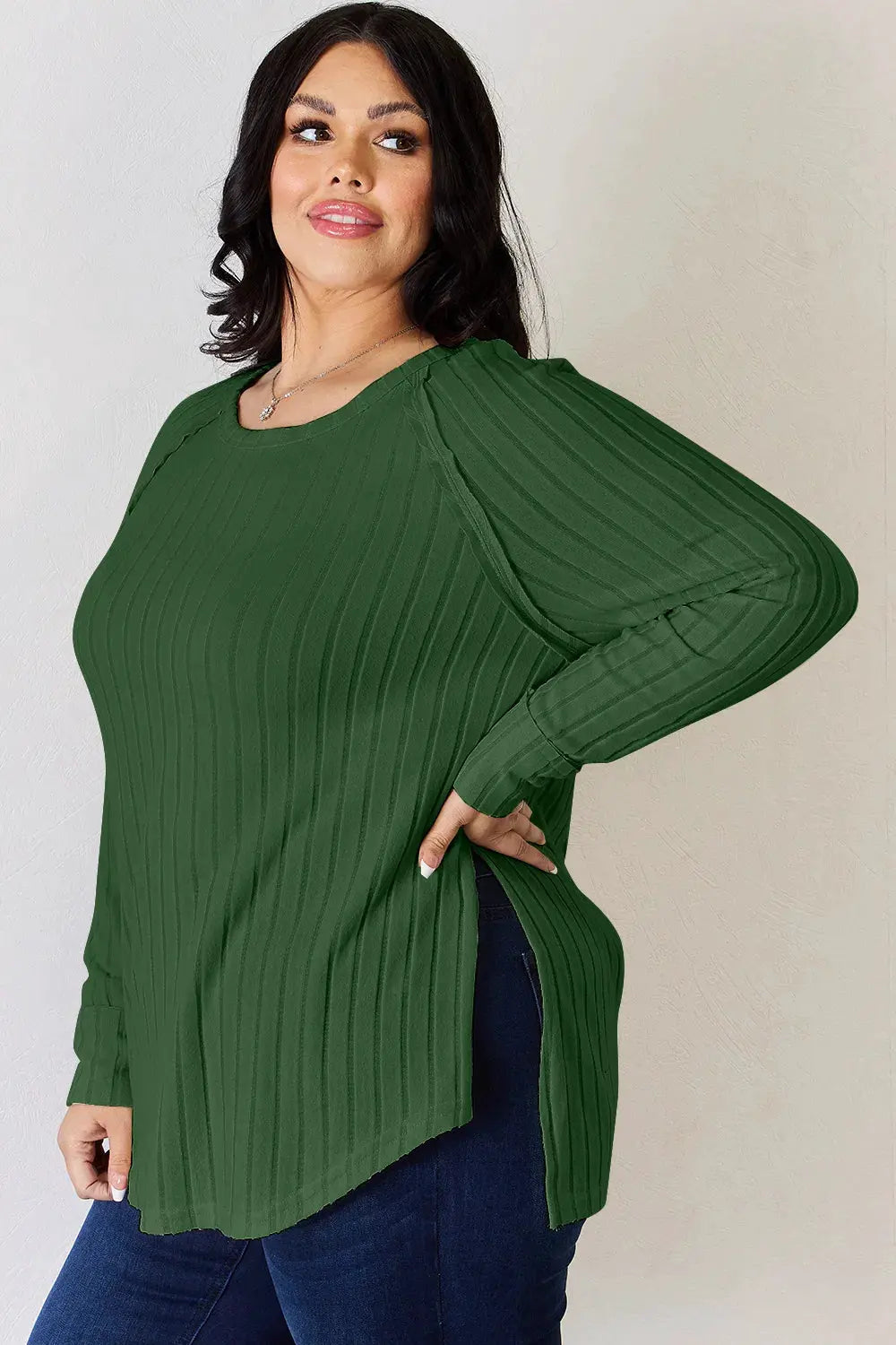 Basic Bae Full Size Ribbed Round Neck Slit T‑Shirt | Partner Labels Selection by Partner Label