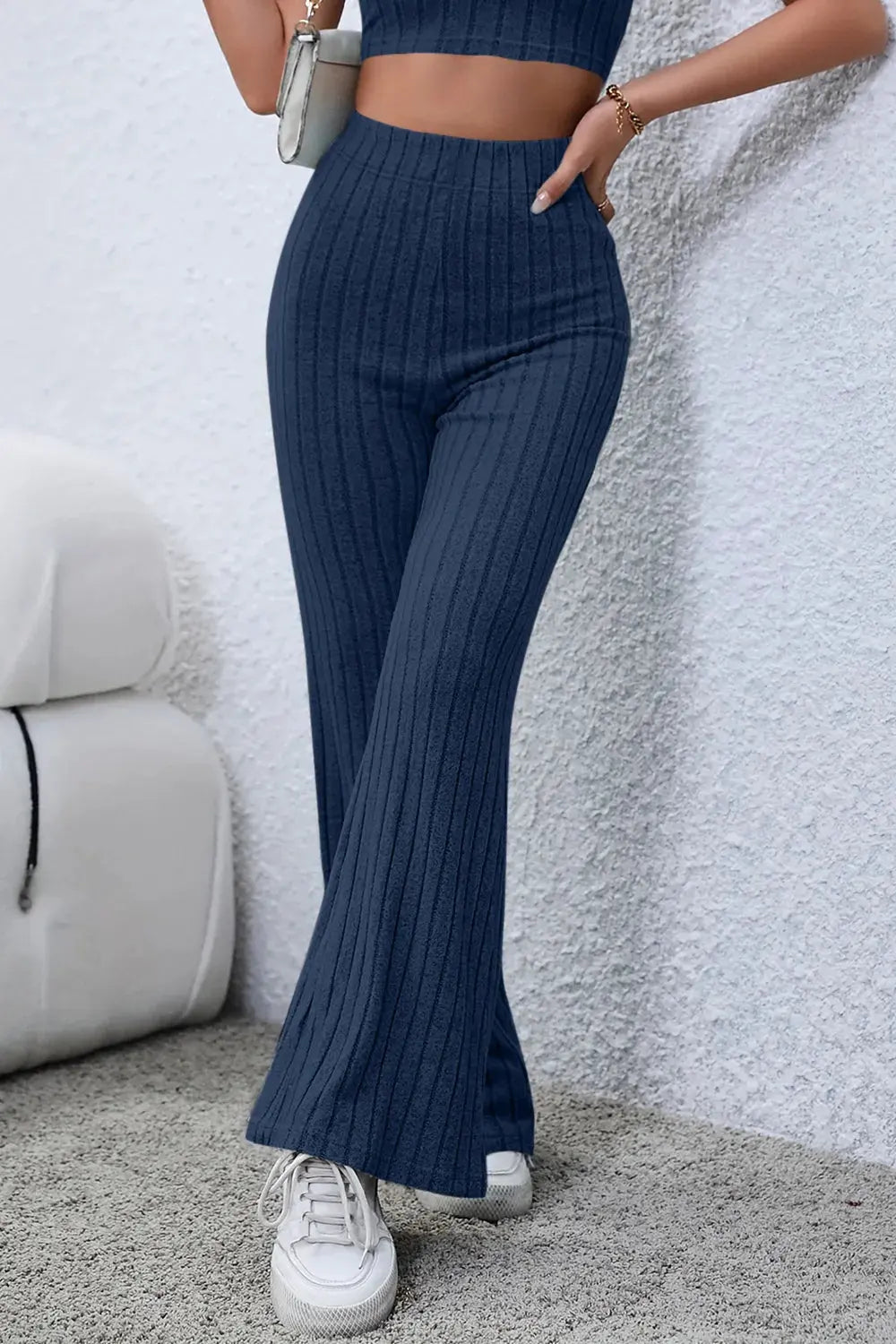 Basic Bae Full Size Ribbed High Waist Flare Pants by Partner Label