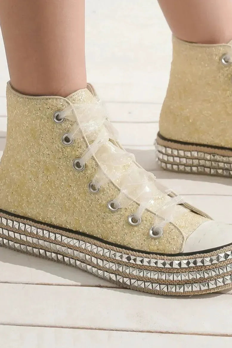 Beast Fashion Glitter Lace-Up Studded Platform Sneakers by Beast Fashion