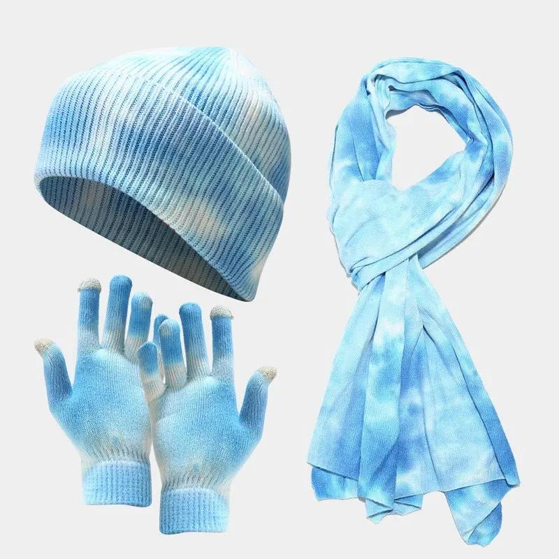 Tie-dye Knitted Hat Gloves Scarf Set Ladies by Maiden-Art