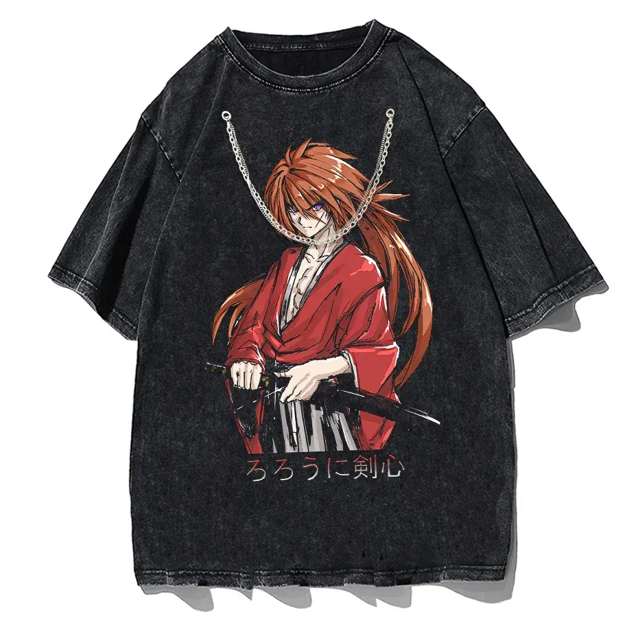 Rurouni Kenshin Washed Anime Graphic T-Shirt Men's Harajuku Streetwear Vintage Cotton Tee by Vimost Shop