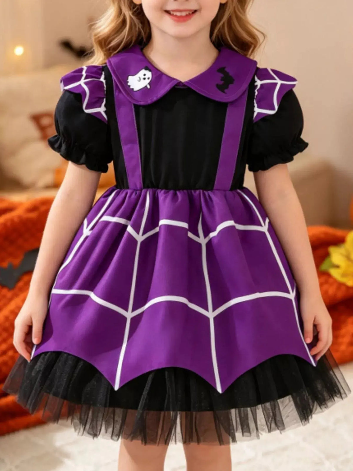 Children's Halloween Spiderweb Print Peter Pan Collar Dress by Trendsi