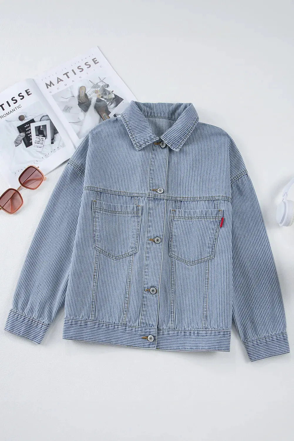 Striped Button Up Long Sleeve Denim Jacket by Partner Label