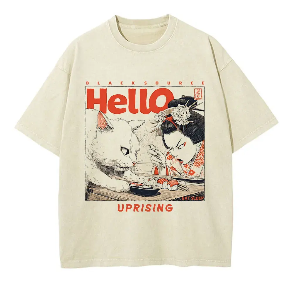 Funny Japanese Cat Print Vintage Cotton T-Shirt by Vimost Shop
