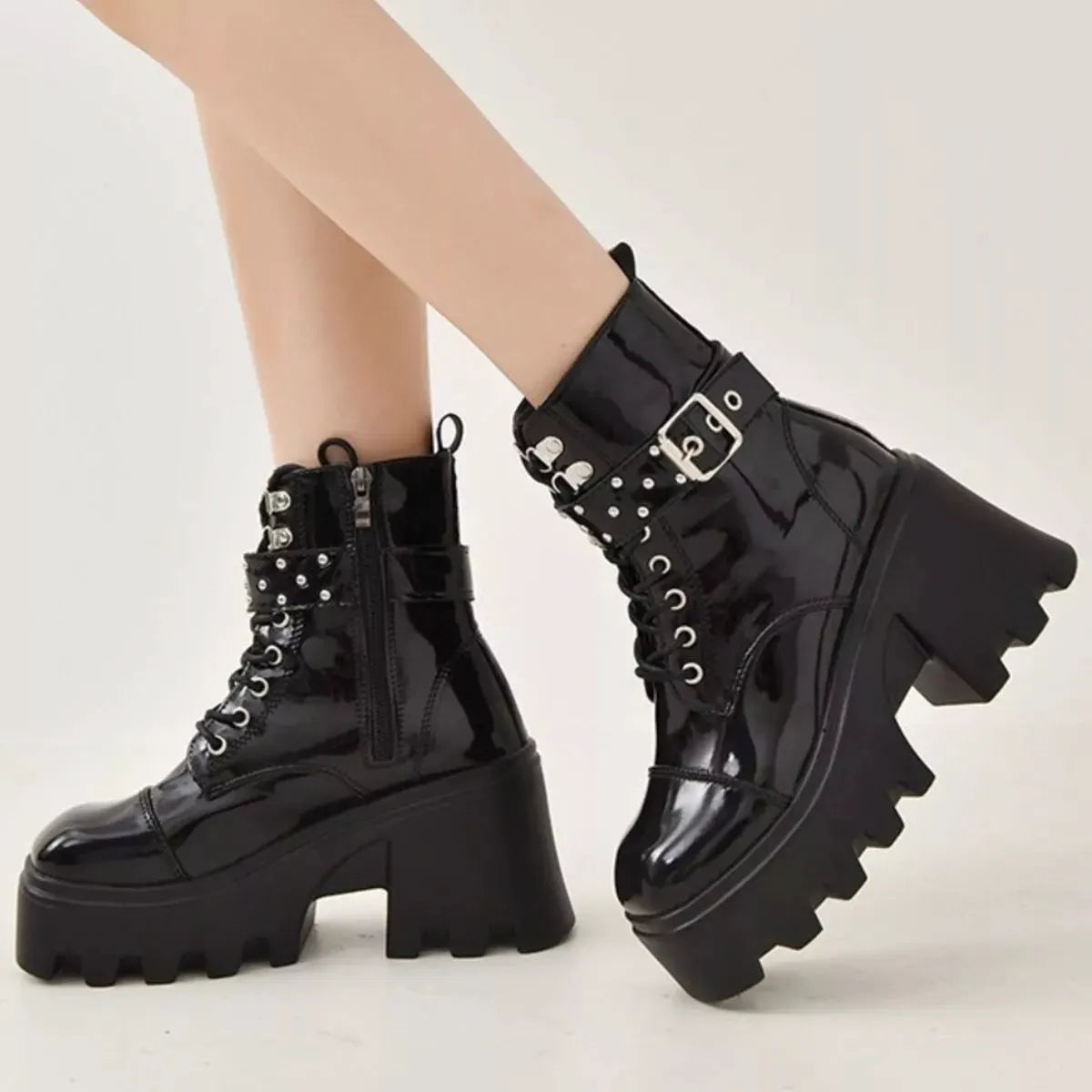 Platform Ankle Boots with Buckle and Studded Detail by Partner Label