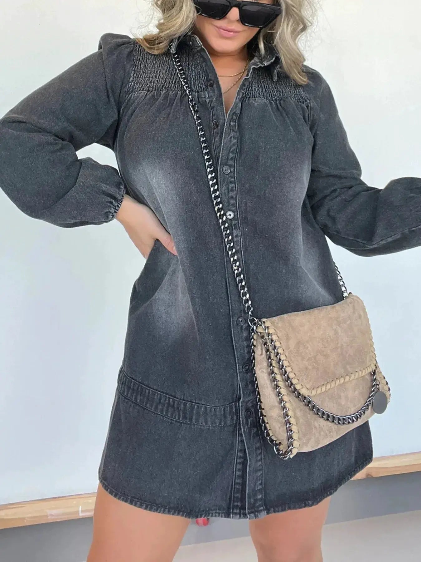 Full Size Button Front Long Sleeve Denim Dress Plus Size by Partner Label