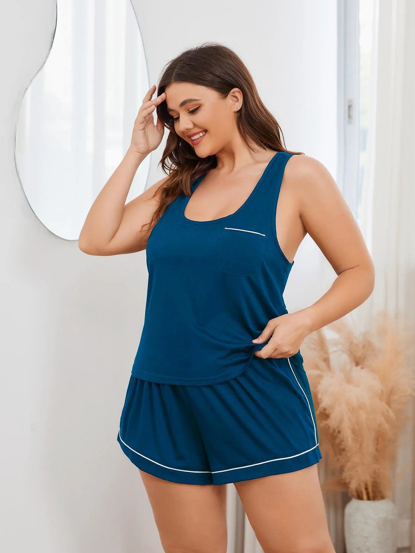 Plus Size Contrast Piping Racerback Tank and Shorts Lounge Set by Partner Label