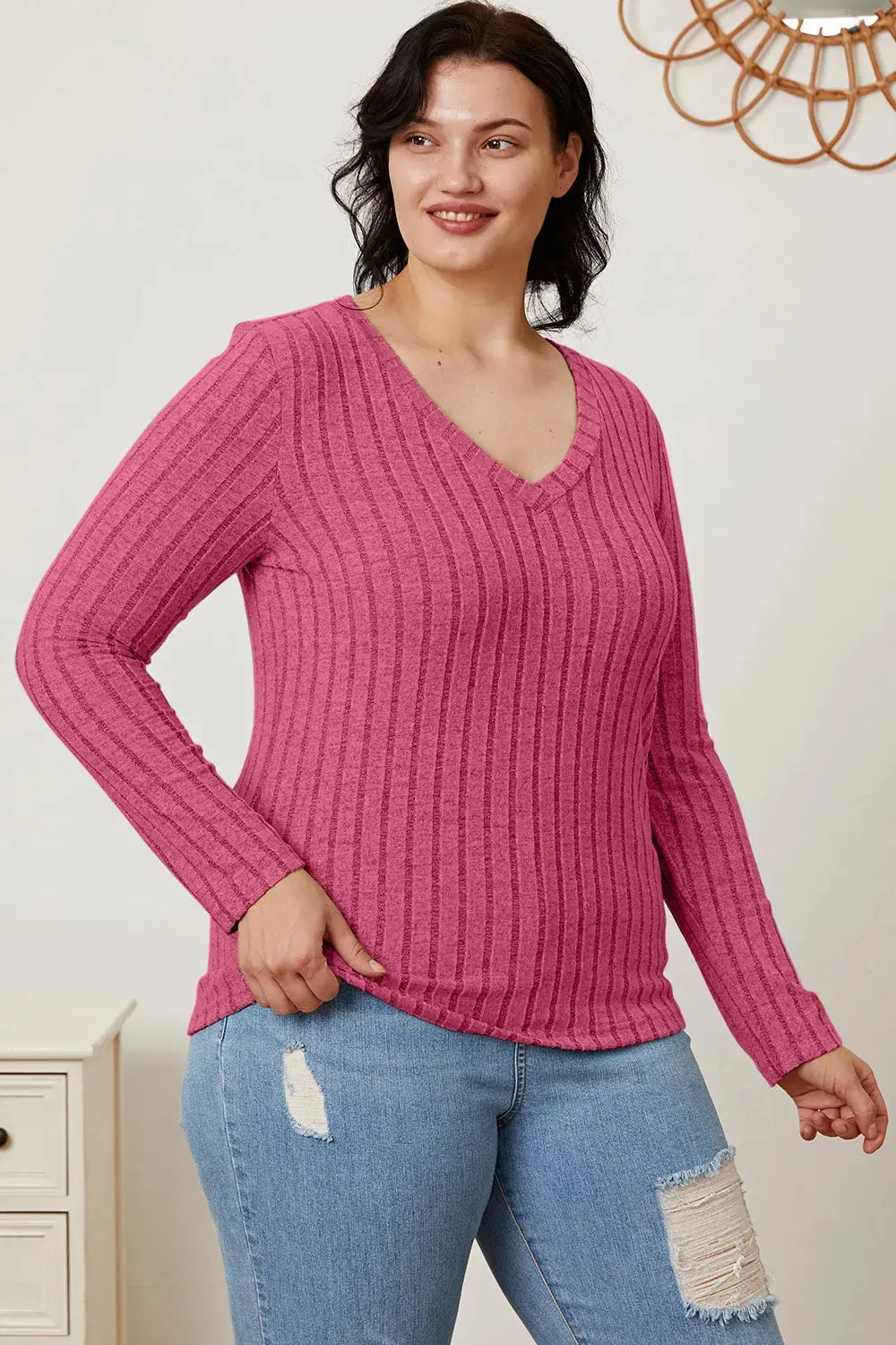 Full Size Ribbed V‑Neck Long Sleeve T‑Shirt | Partner Labels Selection by Partner Label