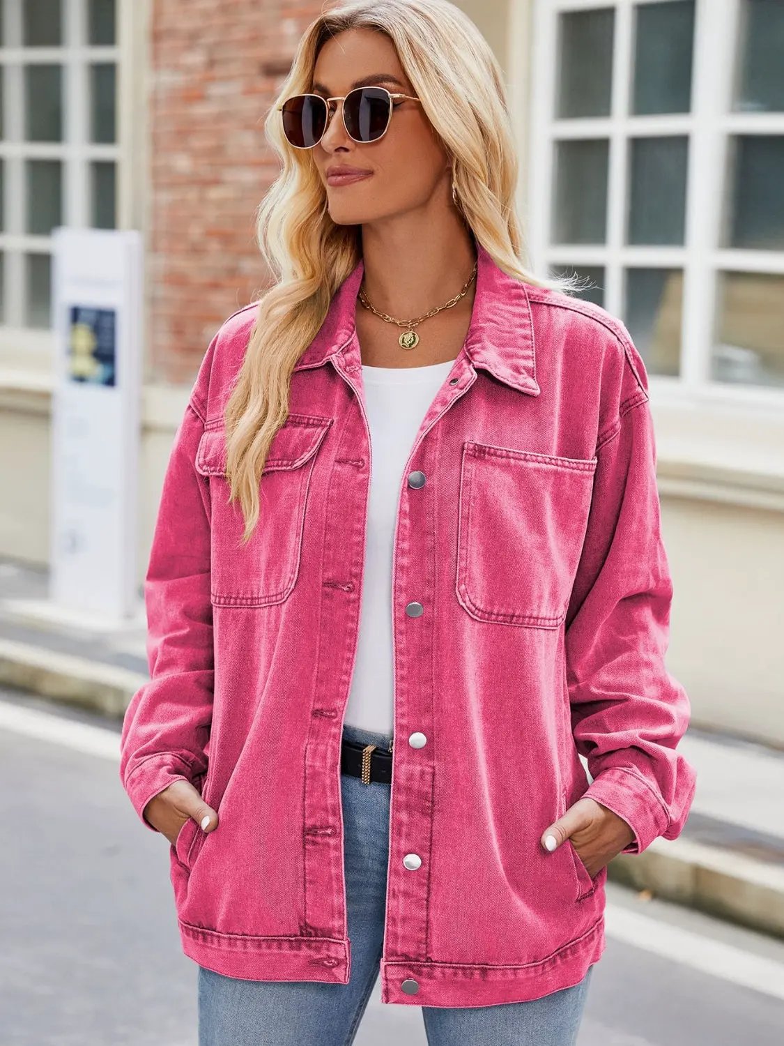 Button Up Denim Jacket with Pockets by Partner Label