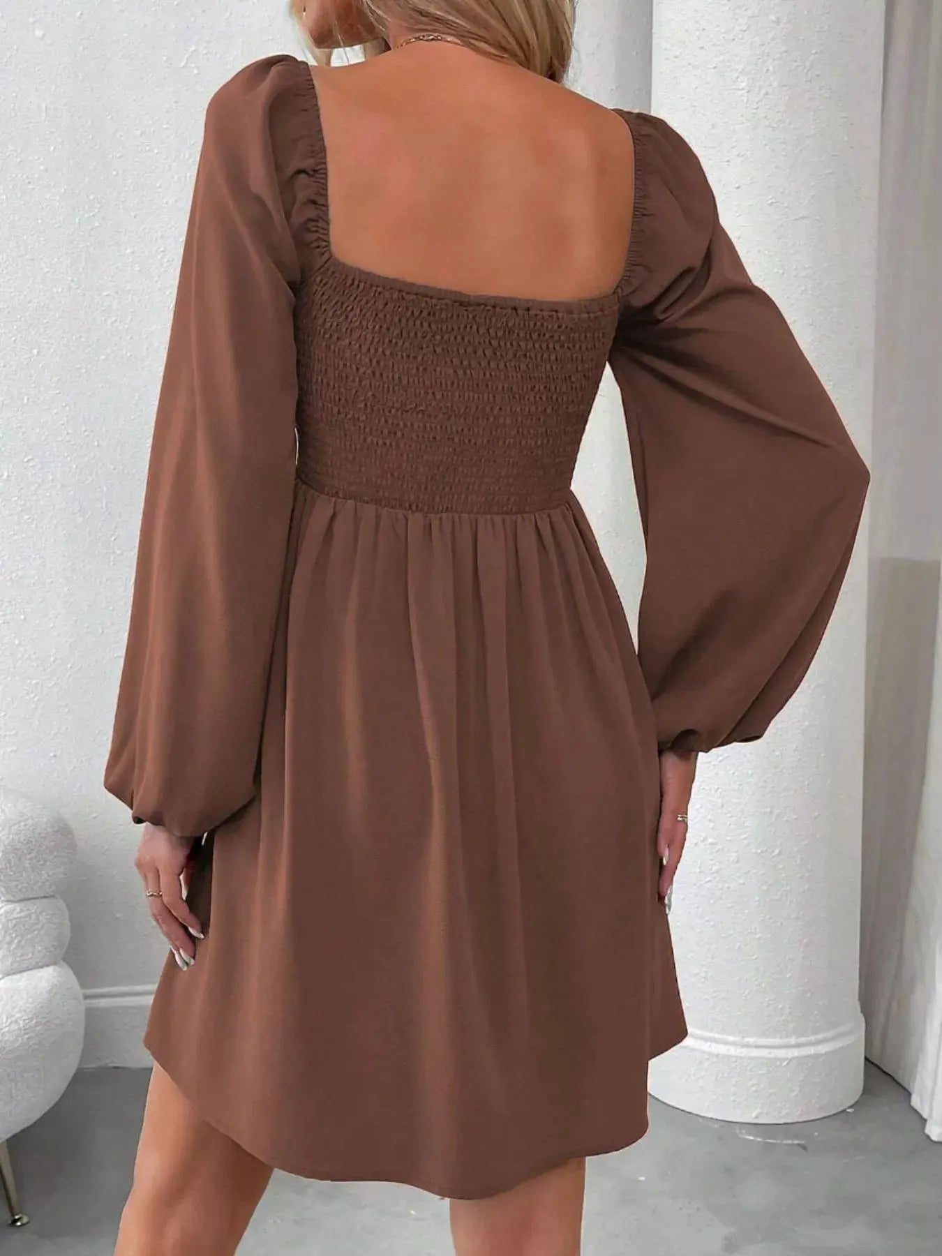 Ruched Square Neck Long Sleeve A-Line Dress by Partner Label