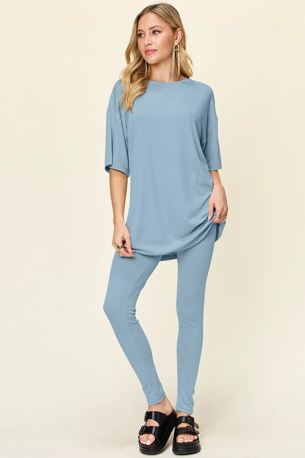 Double Take Full Size Round Neck Dropped Shoulder T-Shirt and Leggings Set by Double Take