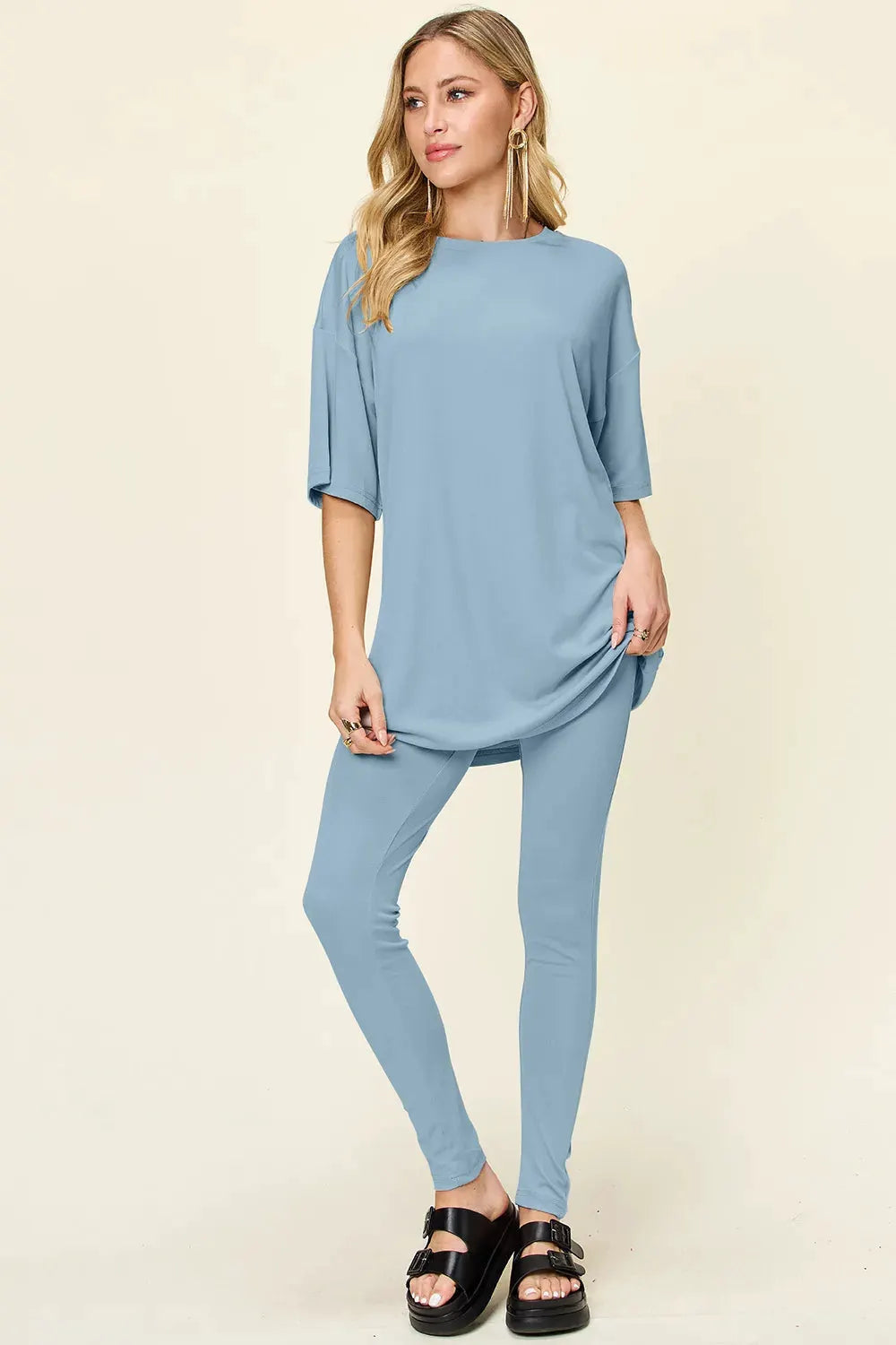 Double Take Full Size Round Neck Dropped Shoulder T-Shirt and Leggings Set by Double Take