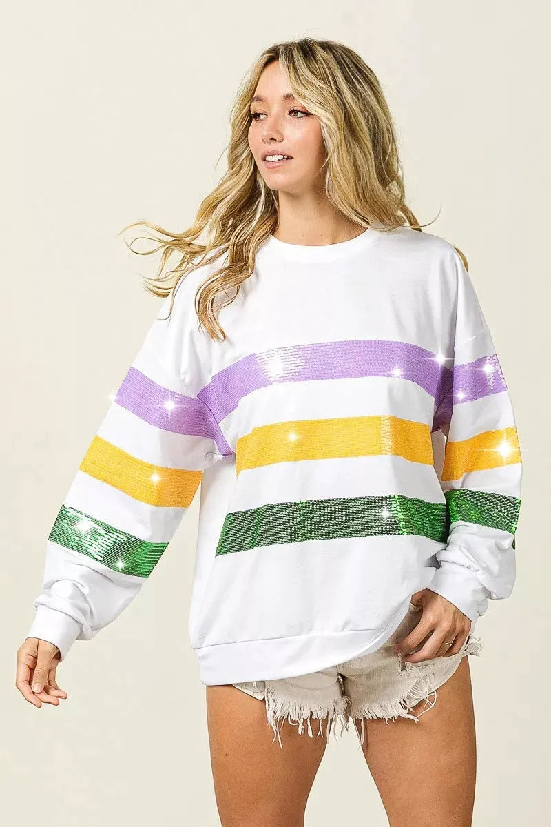 BiBi Sequin Mardi Gras Striped Round Neck Sweatshirt by BiBi