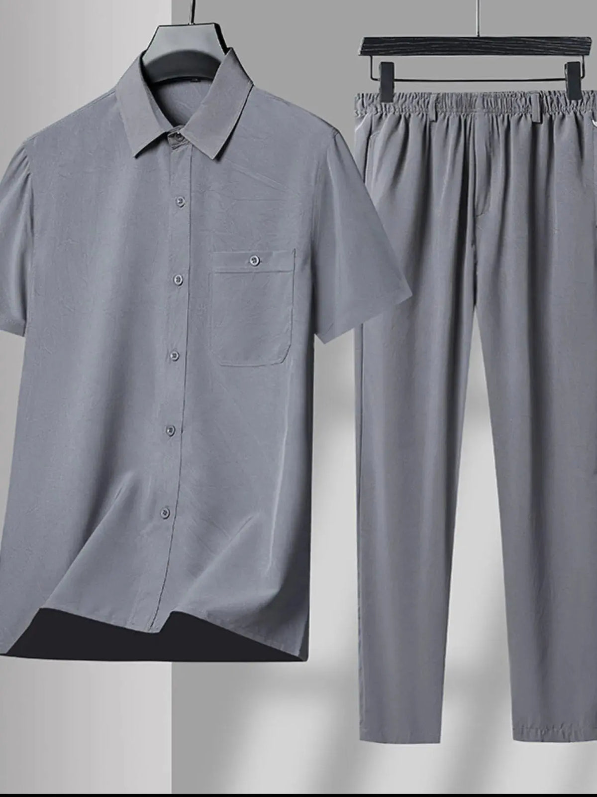 Men's Plus Size Button Up Short Sleeve Shirt and Pants Set by Trendsi
