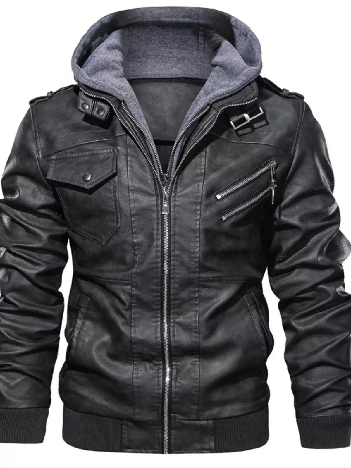 Men's Full Size Hooded Faux Leather Moto Jacket Plus Size by Partner Label