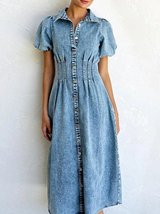 Puff Sleeve Button Front Denim Midi Dress by Partner Label