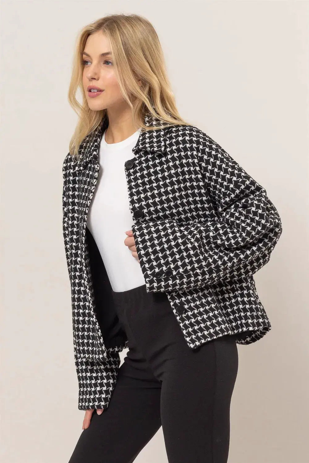 HYFVE Tweed Plaid Button Up Collared Neck Jacket by HYFVE