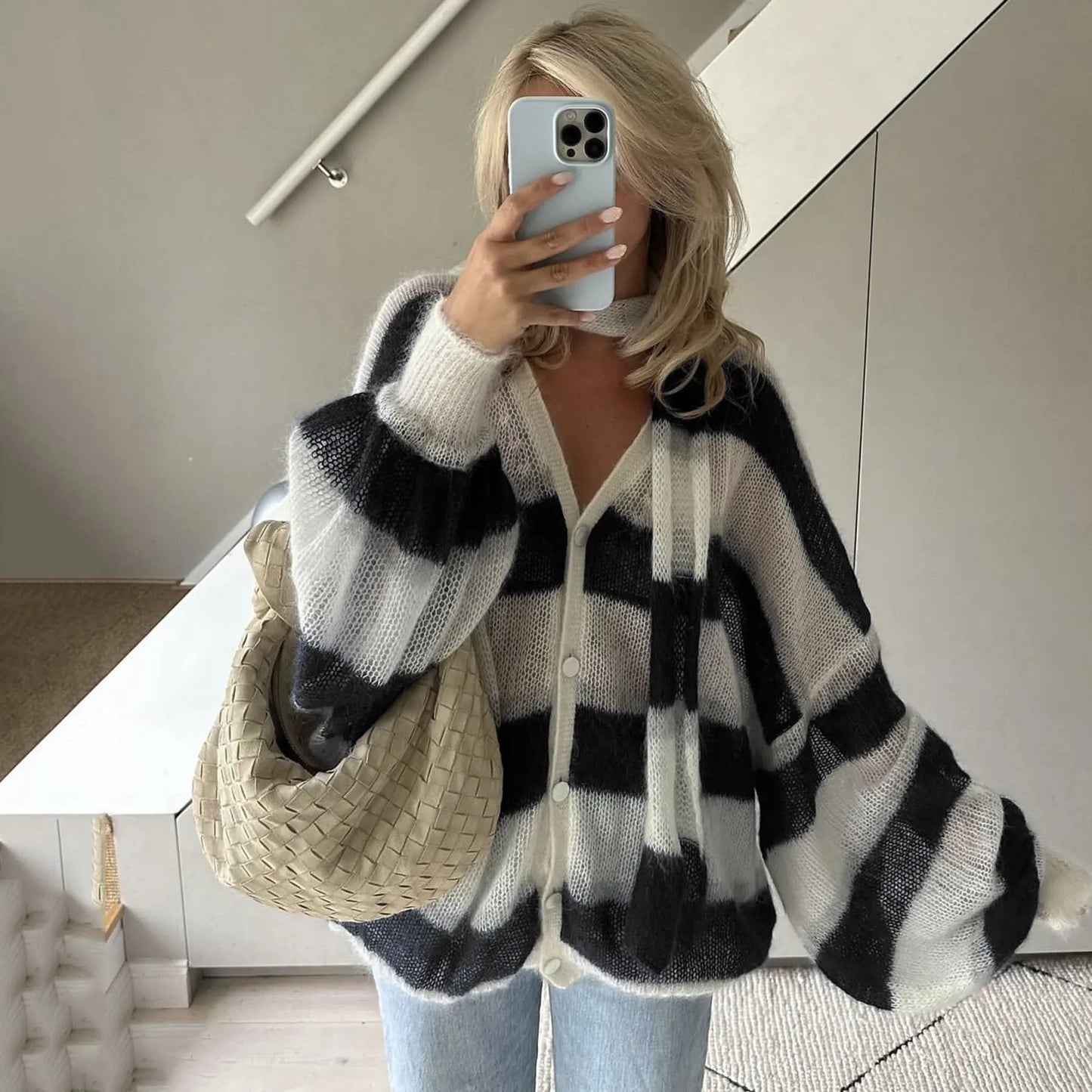 Loose And Idle Striped Sweater Cardigan With Scarf by Maiden-Art
