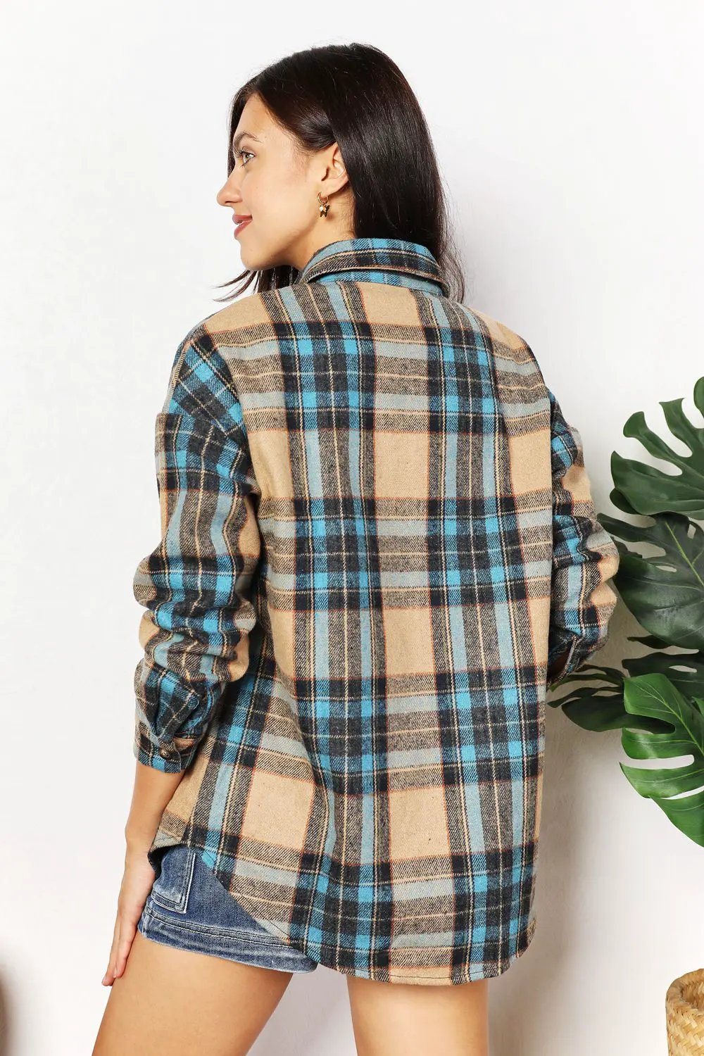 Double Take Plaid Curved Hem Shirt Jacket with Breast Pockets by Double Take